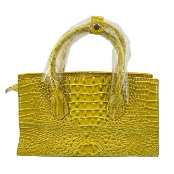 Yellow Croc Embossed Faux Leather Structured Satchel – Medium Top Handle Bag - Picture 3 of 17